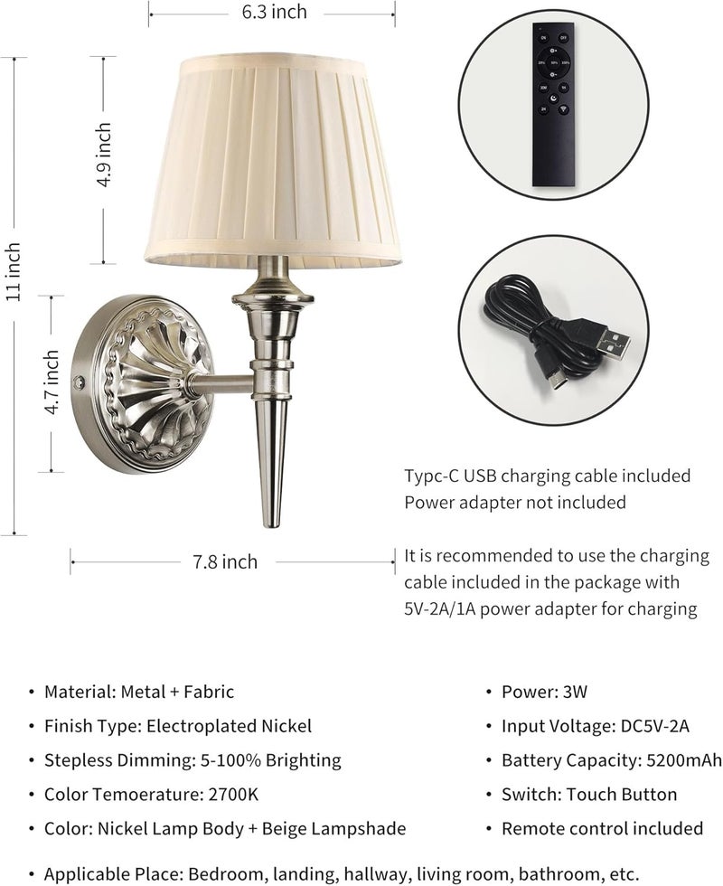 KDG Cordless Wall Sconces Set of 2, Small Wireless 5200mAh Rechargeable Battery Fabric LED Wall Lamps, Portables Lightings for Wall Painting, Living Room, Bedroom, Hallway, Gifts, Night Light (Nickel) - Image 5